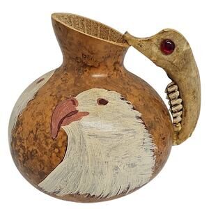 Vintage Handcrafted Handpainted Eagle Gourd with Animal Jawbone Handle Pitcher